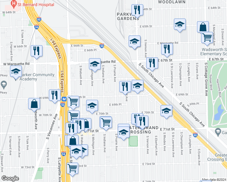 map of restaurants, bars, coffee shops, grocery stores, and more near 6842 South Prairie Avenue in Chicago