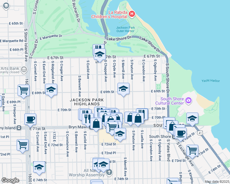 map of restaurants, bars, coffee shops, grocery stores, and more near S Clyde Ave & E 69th St in Chicago
