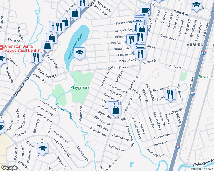 map of restaurants, bars, coffee shops, grocery stores, and more near 66 Fairfield Road in Cranston