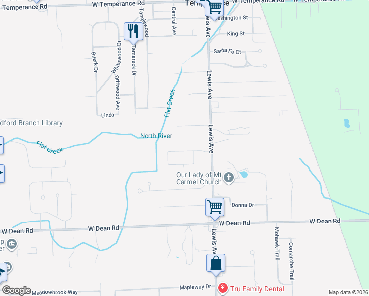 map of restaurants, bars, coffee shops, grocery stores, and more near 1079 Donald Drive in Temperance