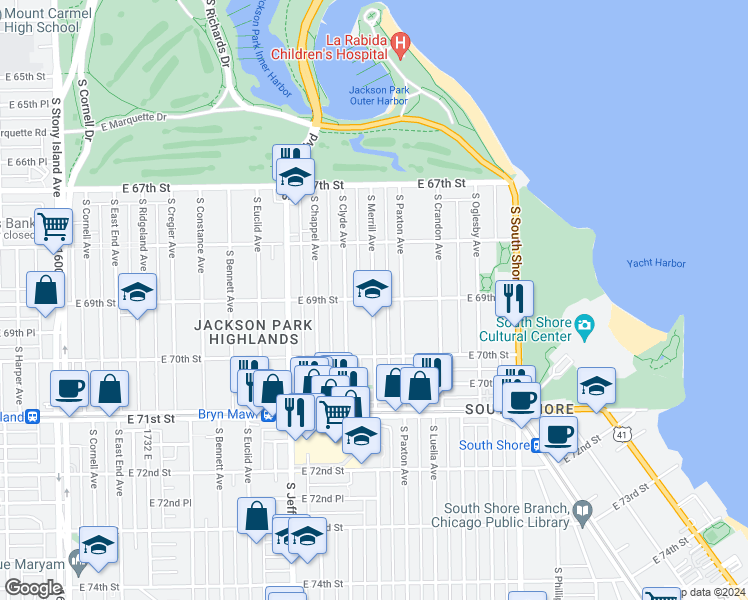 map of restaurants, bars, coffee shops, grocery stores, and more near S Merrill Ave & E 69th St in Chicago