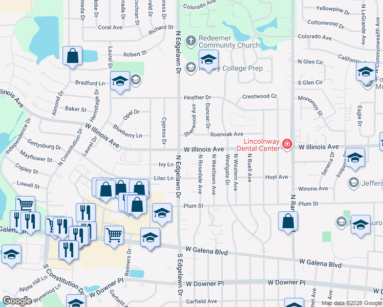 map of restaurants, bars, coffee shops, grocery stores, and more near 707 North Edgelawn Drive in Aurora