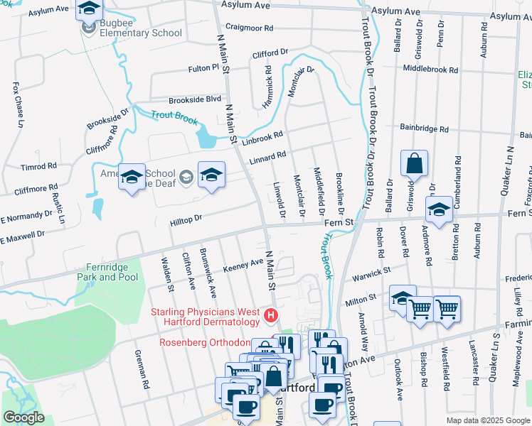map of restaurants, bars, coffee shops, grocery stores, and more near 114 North Main Street in West Hartford