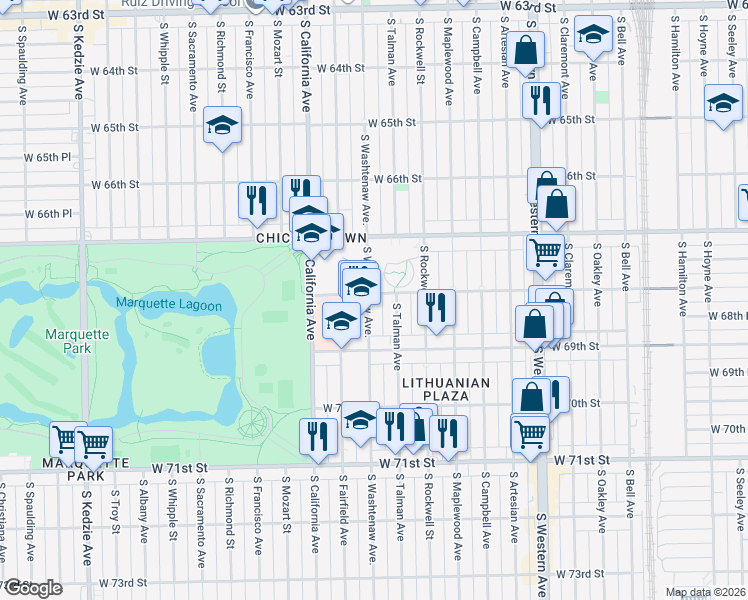 map of restaurants, bars, coffee shops, grocery stores, and more near 6803 South Washtenaw Avenue in Chicago