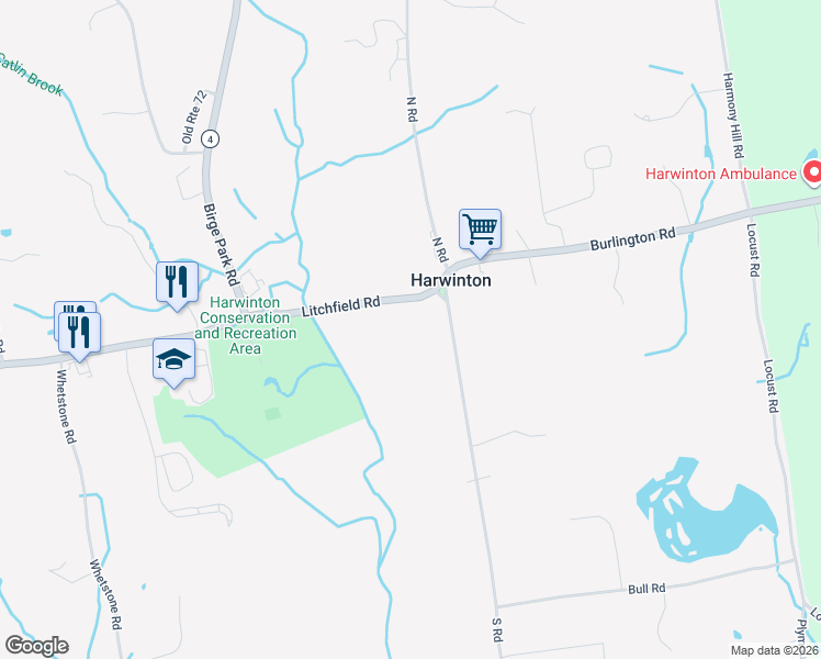 map of restaurants, bars, coffee shops, grocery stores, and more near 34 Litchfield Road in Harwinton
