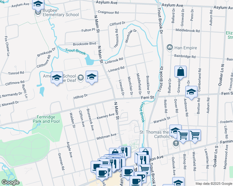map of restaurants, bars, coffee shops, grocery stores, and more near 114 North Main Street in West Hartford