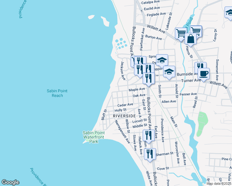 map of restaurants, bars, coffee shops, grocery stores, and more near 106 Maple Avenue in East Providence