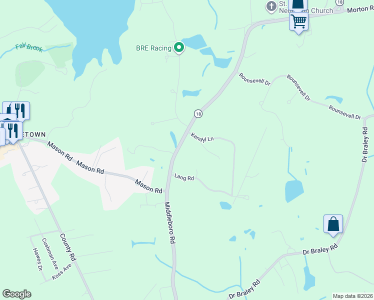 map of restaurants, bars, coffee shops, grocery stores, and more near 110 1/2 Middleboro Road in Freetown