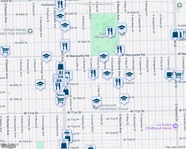 map of restaurants, bars, coffee shops, grocery stores, and more near 6819 South Loomis Boulevard in Chicago