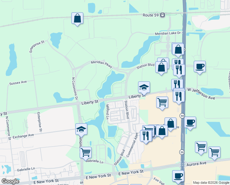 map of restaurants, bars, coffee shops, grocery stores, and more near 985 Times Square Drive in Aurora