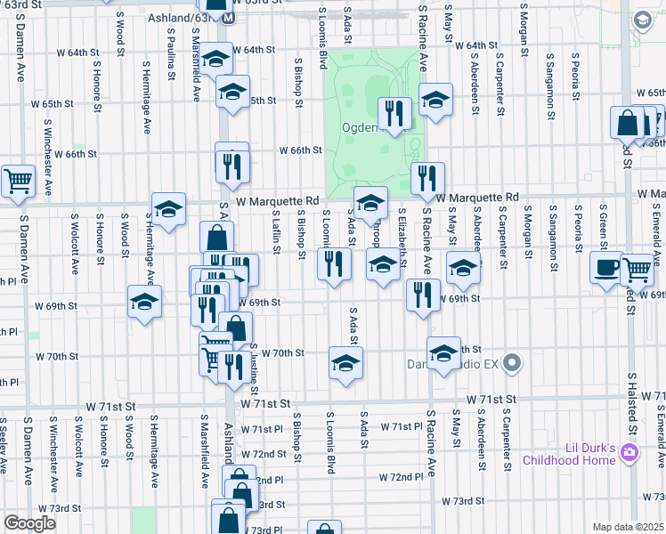 map of restaurants, bars, coffee shops, grocery stores, and more near 6819 South Loomis Boulevard in Chicago