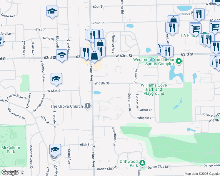 map of restaurants, bars, coffee shops, grocery stores, and more near 705 65th Street in Westmont