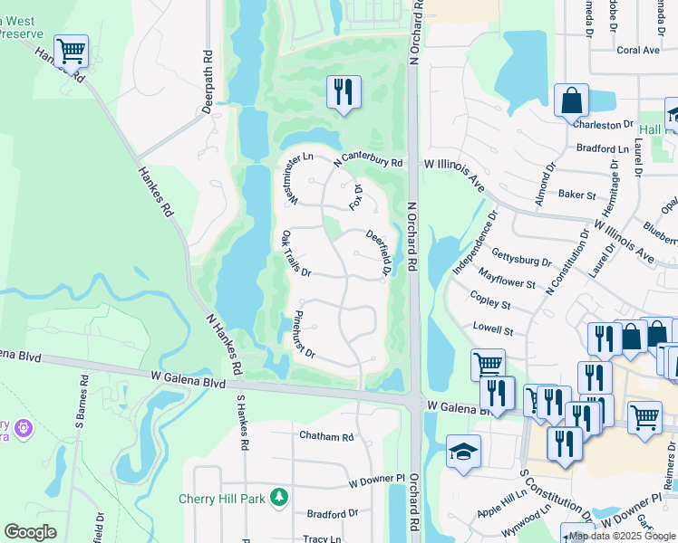 map of restaurants, bars, coffee shops, grocery stores, and more near 460 North Canterbury Road in Aurora
