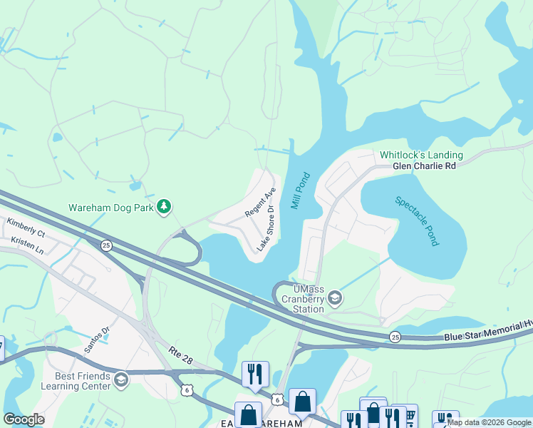 map of restaurants, bars, coffee shops, grocery stores, and more near 42 Lake Shore Drive in Wareham