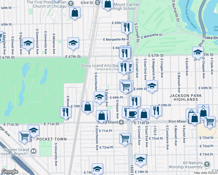 map of restaurants, bars, coffee shops, grocery stores, and more near 6831 South Dante Avenue in Chicago