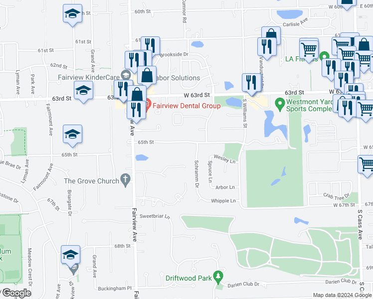 map of restaurants, bars, coffee shops, grocery stores, and more near 605 65th Street in Westmont