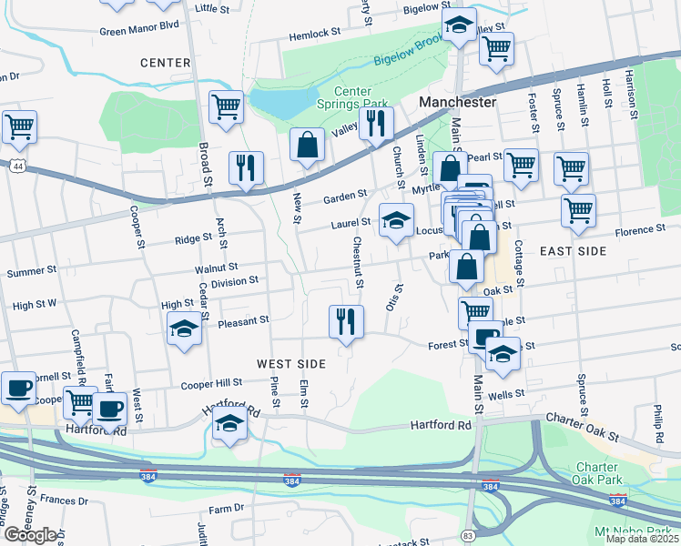map of restaurants, bars, coffee shops, grocery stores, and more near 113 Park Street in Manchester