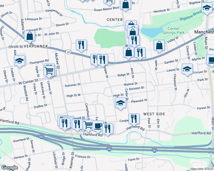 map of restaurants, bars, coffee shops, grocery stores, and more near 17 Summer Street in Manchester