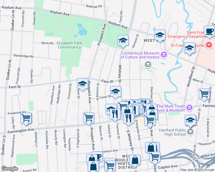 map of restaurants, bars, coffee shops, grocery stores, and more near 211 Oxford Street in Hartford