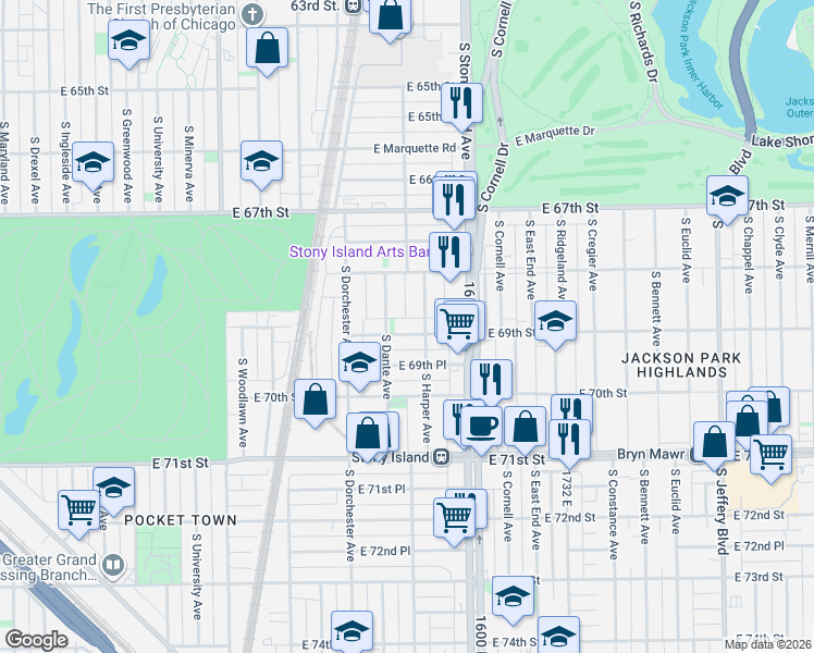 map of restaurants, bars, coffee shops, grocery stores, and more near 6835 South Harper Avenue in Chicago