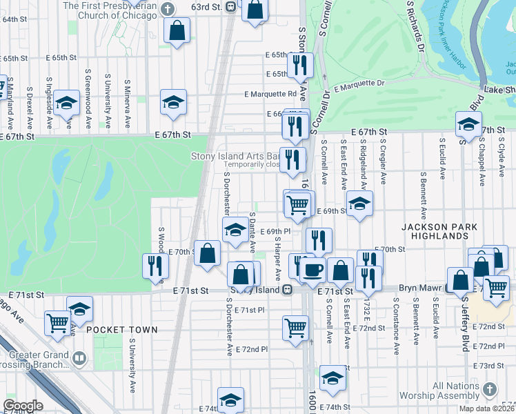 map of restaurants, bars, coffee shops, grocery stores, and more near 6831 South Dante Avenue in Chicago