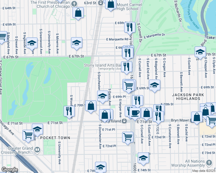 map of restaurants, bars, coffee shops, grocery stores, and more near 6831 South Dante Avenue in Chicago