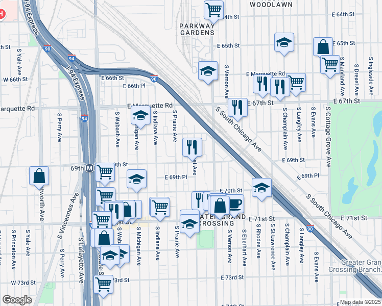 map of restaurants, bars, coffee shops, grocery stores, and more near 6817 South Prairie Avenue in Chicago