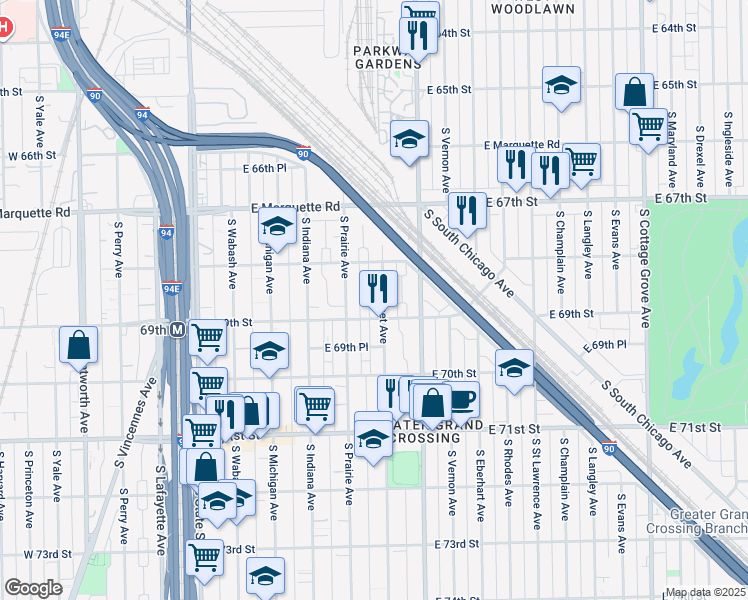 map of restaurants, bars, coffee shops, grocery stores, and more near 6817 South Prairie Avenue in Chicago