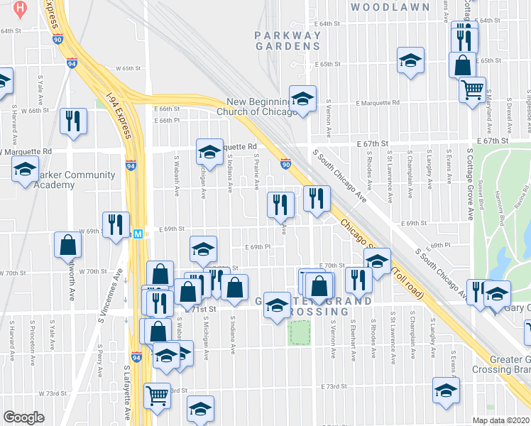 map of restaurants, bars, coffee shops, grocery stores, and more near 6817 South Prairie Avenue in Chicago