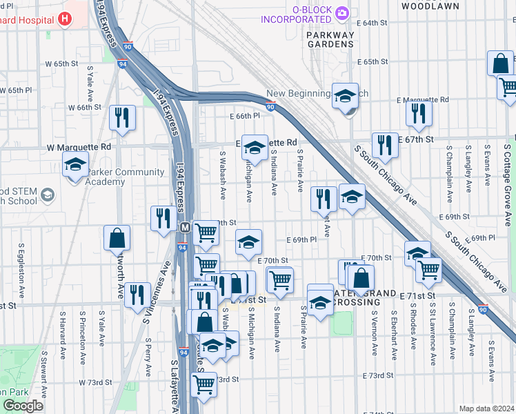 map of restaurants, bars, coffee shops, grocery stores, and more near 6812 South Indiana Avenue in Chicago