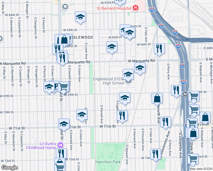 map of restaurants, bars, coffee shops, grocery stores, and more near 6800 South Normal Avenue in Chicago