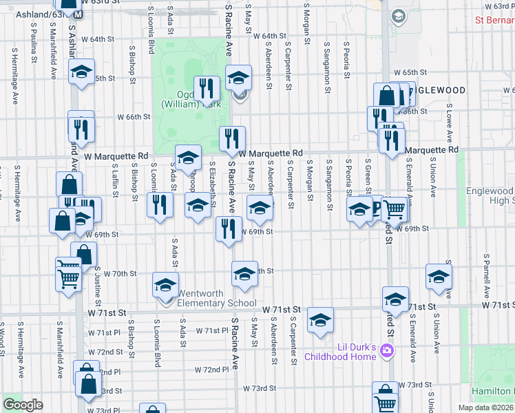 map of restaurants, bars, coffee shops, grocery stores, and more near 6803 South May Street in Chicago