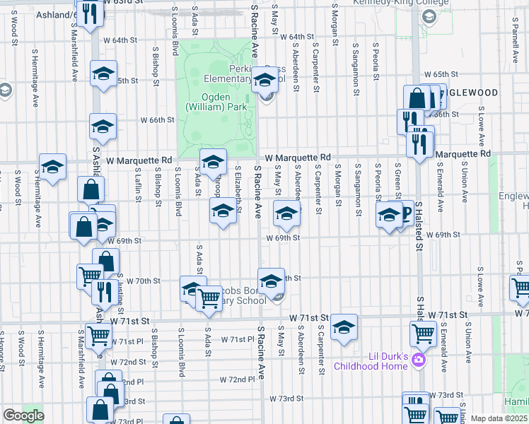 map of restaurants, bars, coffee shops, grocery stores, and more near 6801 South Racine Avenue in Chicago