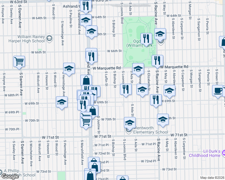map of restaurants, bars, coffee shops, grocery stores, and more near 6759 South Bishop Street in Chicago
