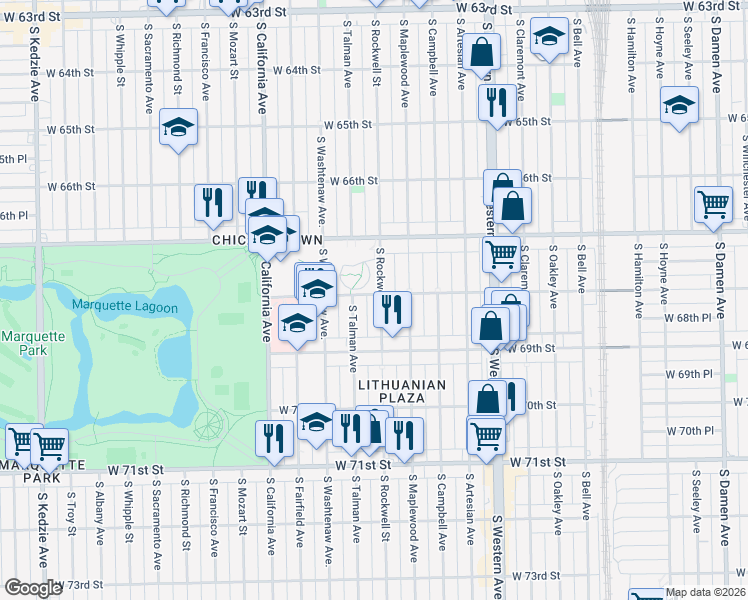 map of restaurants, bars, coffee shops, grocery stores, and more near 6751 South Rockwell Street in Chicago