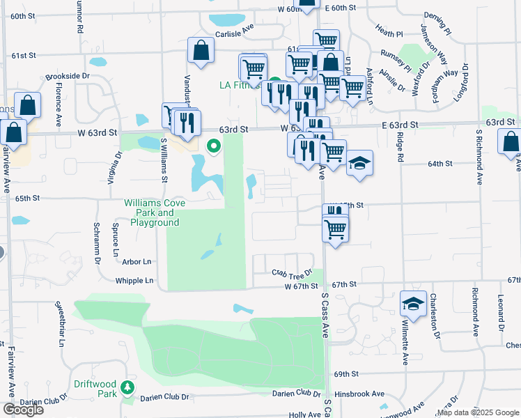 map of restaurants, bars, coffee shops, grocery stores, and more near 73 West Pier Drive in Westmont