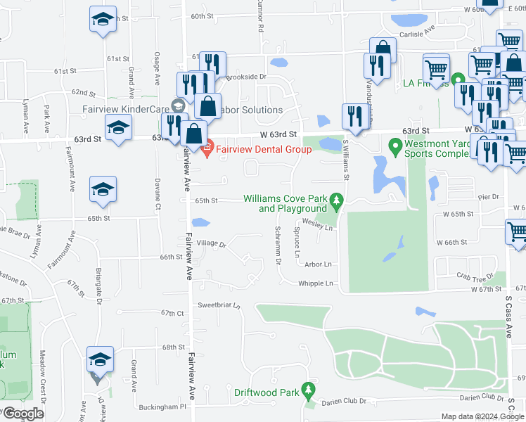 map of restaurants, bars, coffee shops, grocery stores, and more near 608 65th Street in Westmont