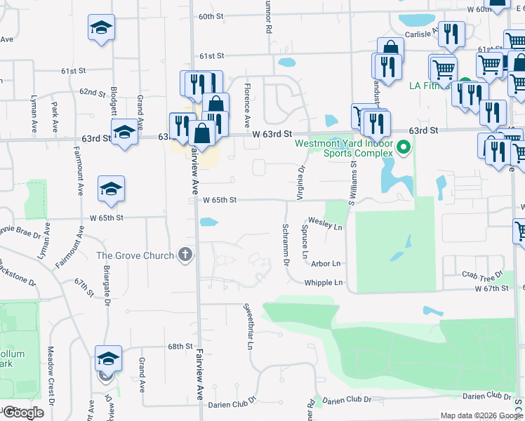 map of restaurants, bars, coffee shops, grocery stores, and more near 608 65th Street in Westmont