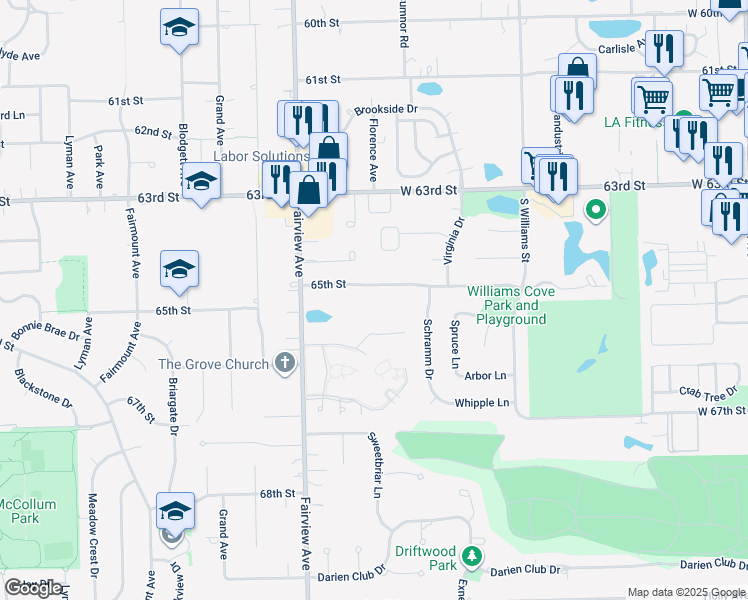 map of restaurants, bars, coffee shops, grocery stores, and more near 608 65th Street in Westmont