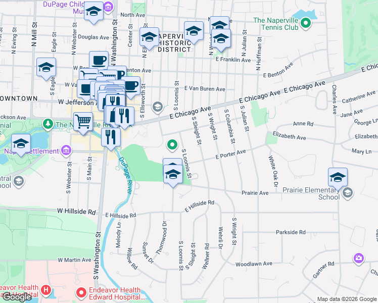 map of restaurants, bars, coffee shops, grocery stores, and more near 324 South Loomis Street in Naperville