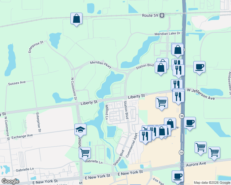 map of restaurants, bars, coffee shops, grocery stores, and more near 985 Times Square Drive in Aurora