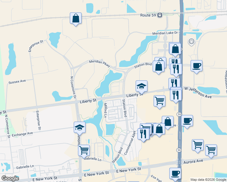 map of restaurants, bars, coffee shops, grocery stores, and more near 985 Times Square Drive in Aurora