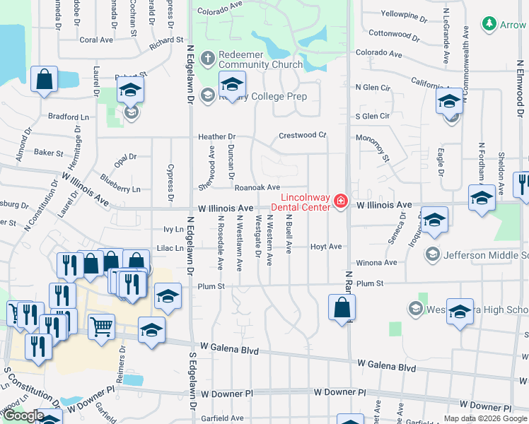 map of restaurants, bars, coffee shops, grocery stores, and more near 1545 West Illinois Avenue in Aurora