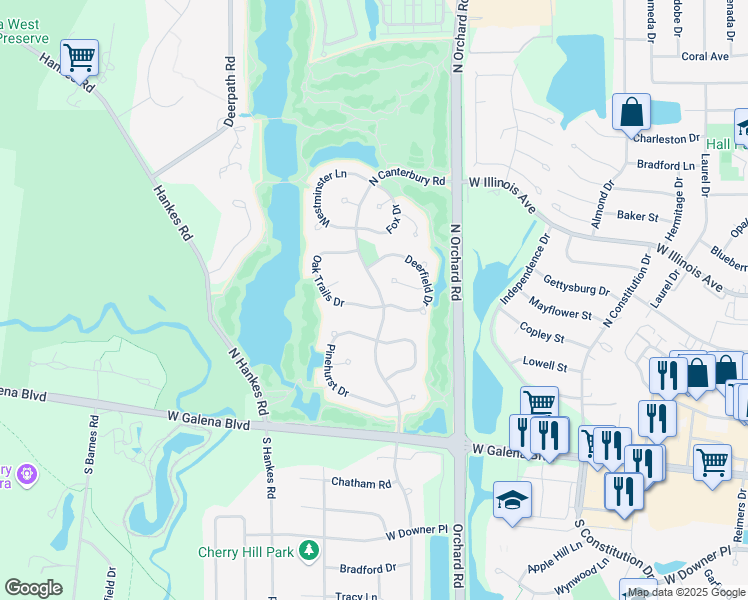 map of restaurants, bars, coffee shops, grocery stores, and more near 460 North Canterbury Road in Aurora