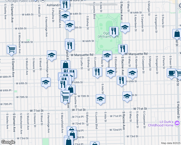 map of restaurants, bars, coffee shops, grocery stores, and more near 6817 South Bishop Street in Chicago