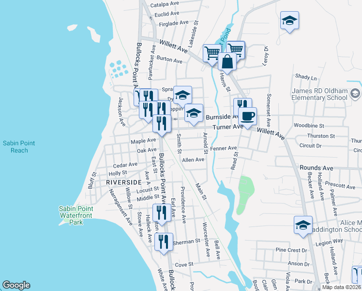 map of restaurants, bars, coffee shops, grocery stores, and more near 120 Smith Street in East Providence