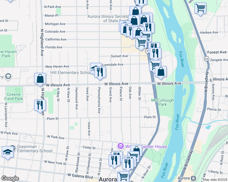 map of restaurants, bars, coffee shops, grocery stores, and more near 648 Palace Street in Aurora