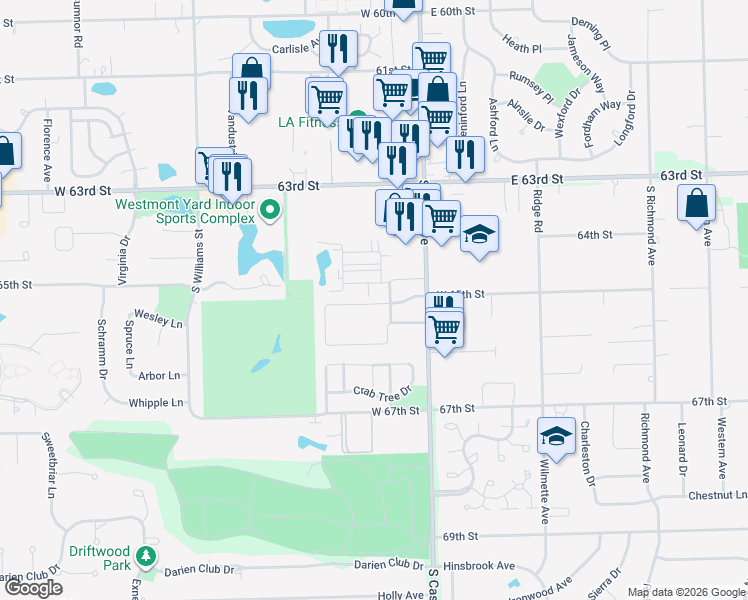 map of restaurants, bars, coffee shops, grocery stores, and more near 56 Pier Drive in Westmont