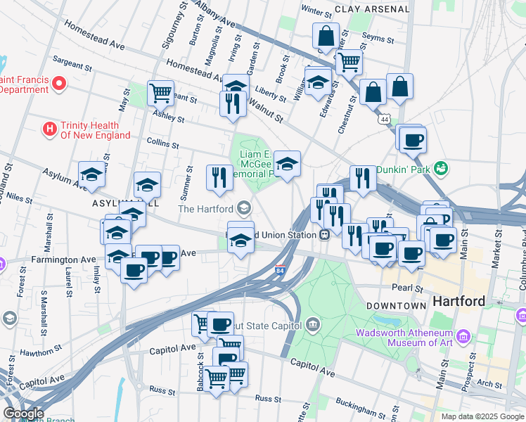 map of restaurants, bars, coffee shops, grocery stores, and more near 23 Garden Street in Hartford