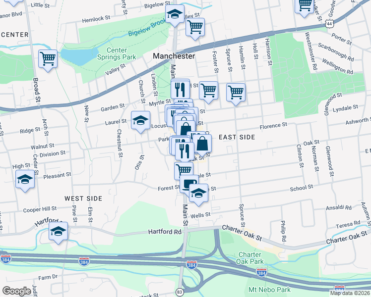 map of restaurants, bars, coffee shops, grocery stores, and more near 847 Main Street in Manchester